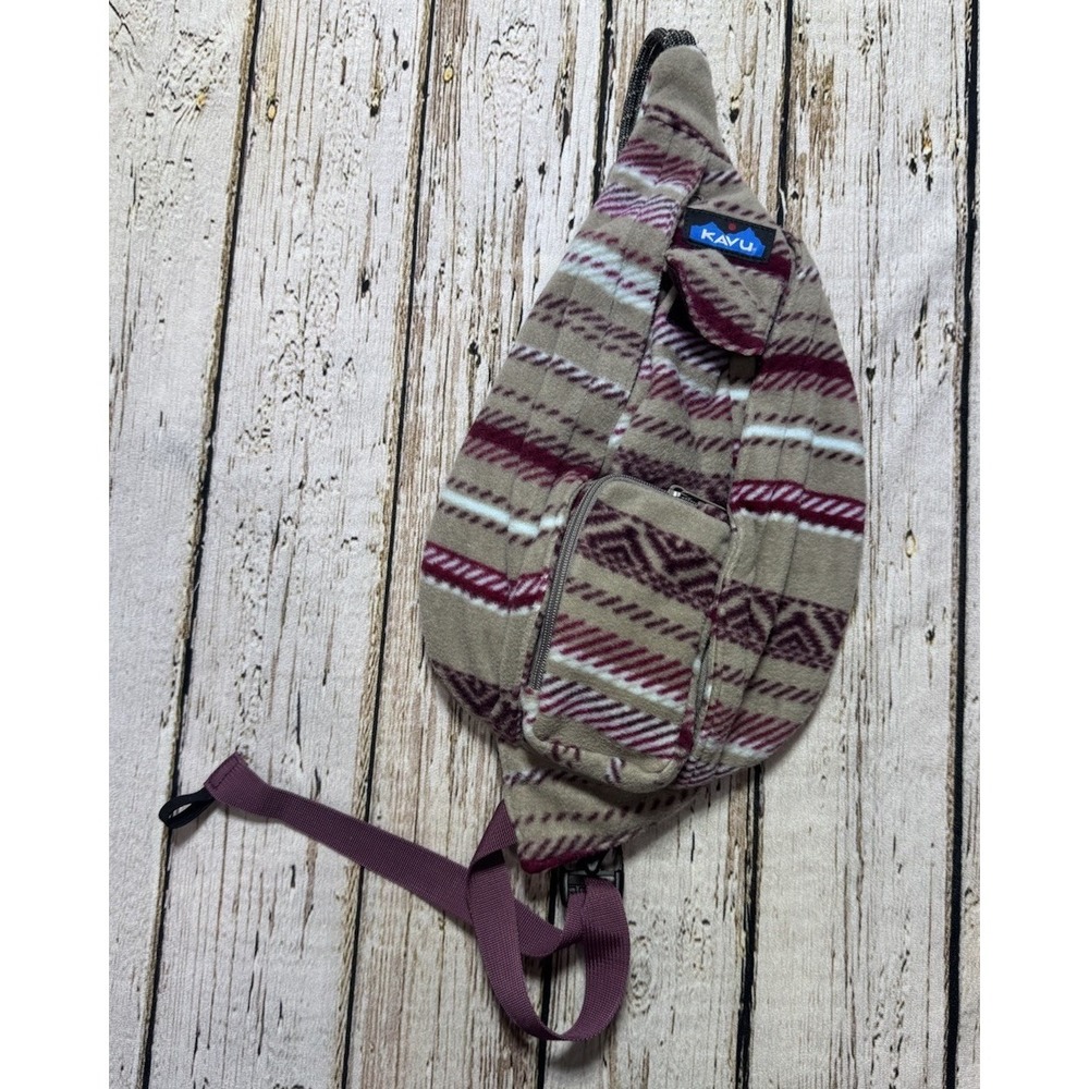 KAVU Rope Sling Striped Fleece Travel Backpack Bag Tan Brown